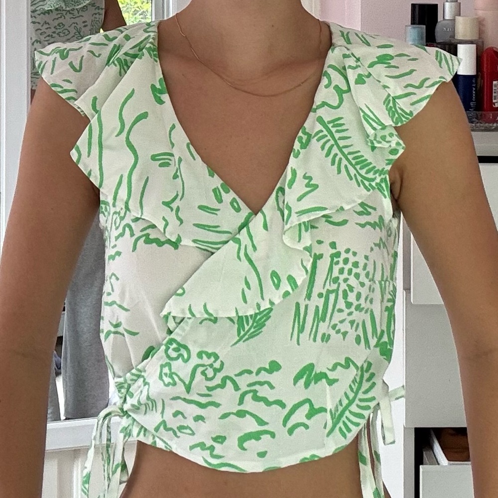Monki White and Green Flutter Sleeve Wrap Blouse